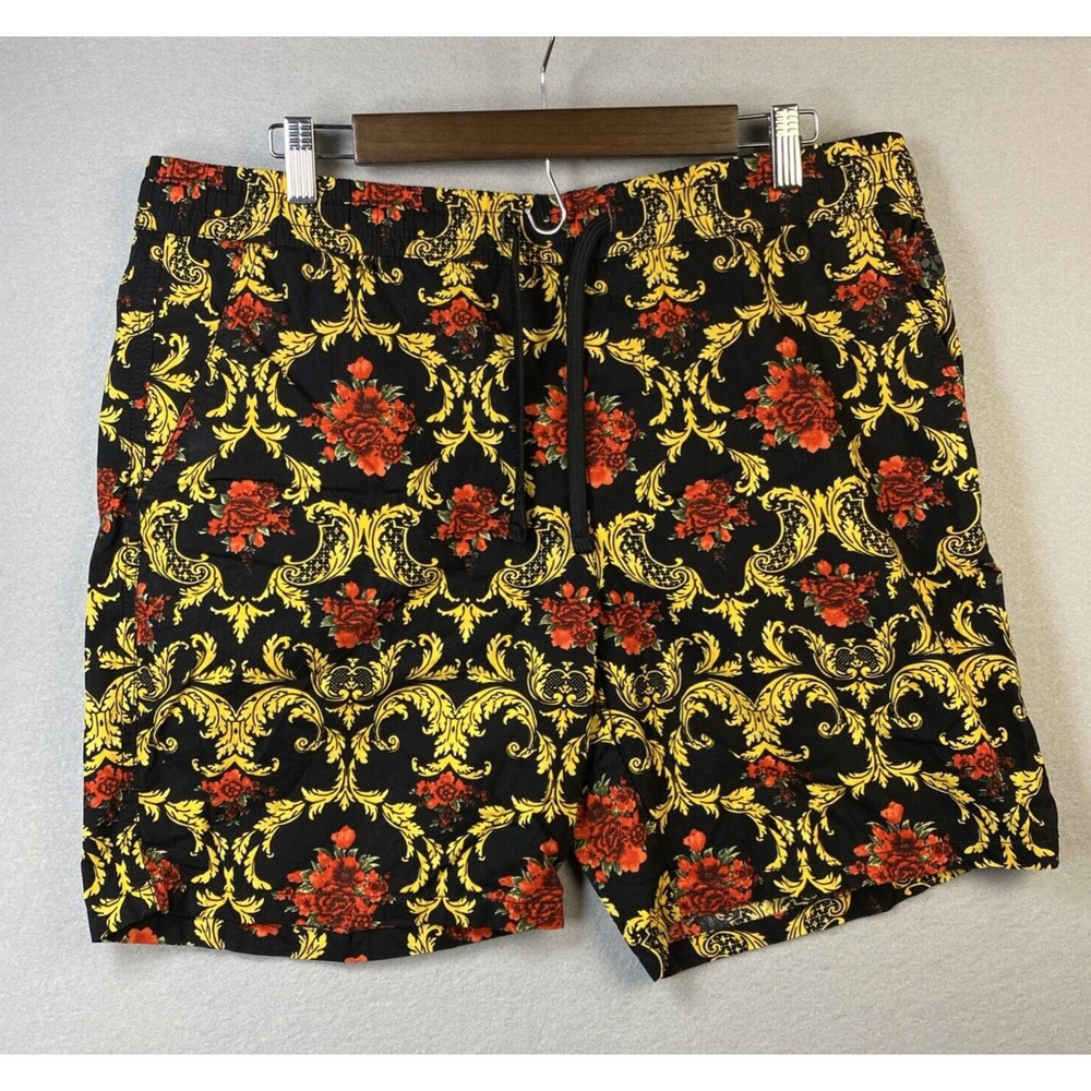 Ricky & Micky Shorts Men XL Black Yellow Red Hipster Baroque Floral Print Resort